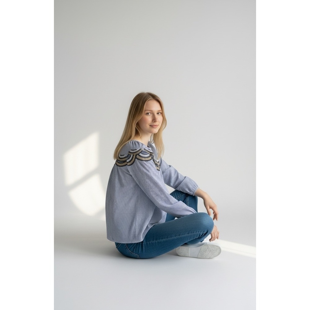 Eva Franco x Anthropologie Striped Embroidered Blouse Long Sleeve Bohemian Top